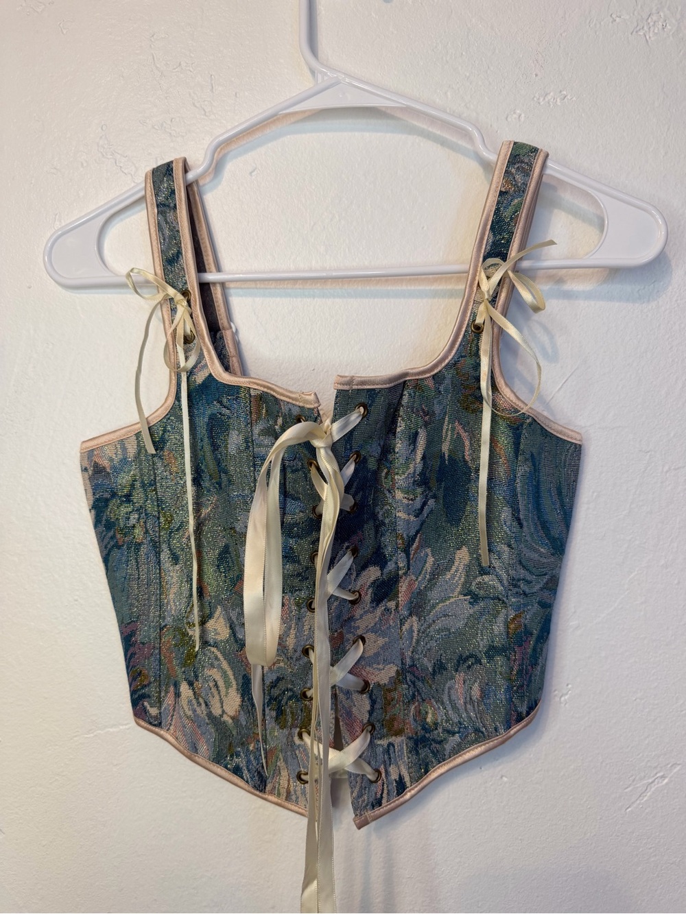 Floral Tapestry cottage-core Corset in Blue and Cream